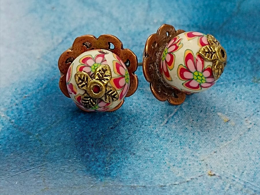 Pretty Stud Earrings with Antique Bronze, Flowery Beads & Tiny Golden Flowers
