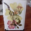 Handmade pressed flower greeting card. Lime Holly-hock. Rose and wild flower.