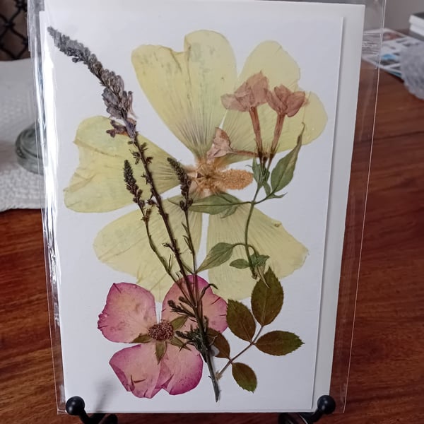 Handmade pressed flower greeting card. Lime Holly-hock. Rose and wild flower.