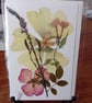 Handmade pressed flower greeting card. Lime Holly-hock. Rose and wild flower.