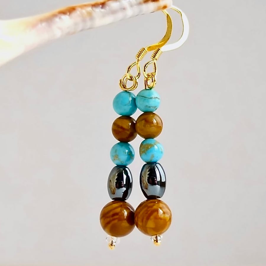 Turquoise Howlite, Wood Lace Agate and Hematite Earrings - Handmade In Devon.