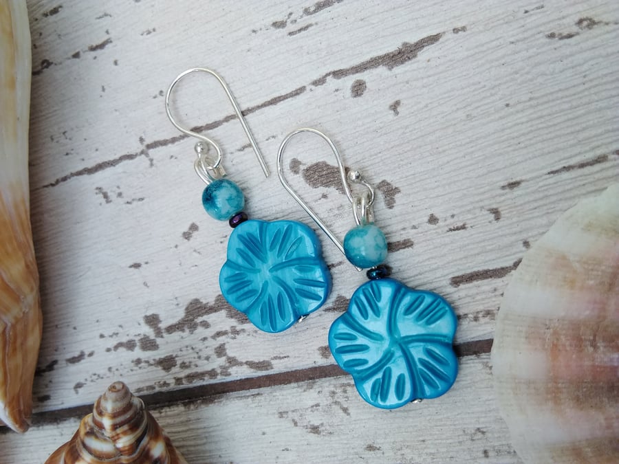 Shell Flower Earrings, Blue Earrings