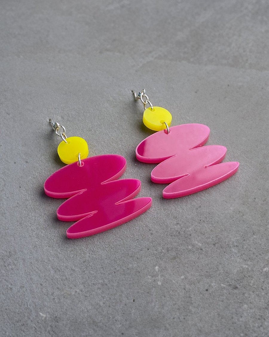 Pop Art Burst Earrings - Striking Pink and Yellow Statement Jewellery