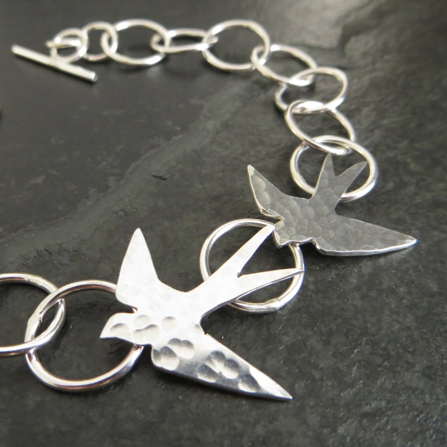 Sterling Silver Chain Bracelet, Silver Swallows, Bird Bracelet, Hallmarked 