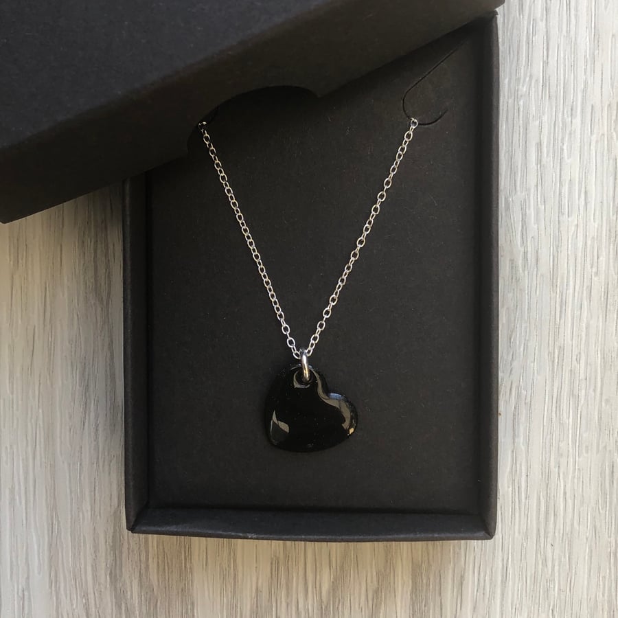 Black enamel heart necklace. Sterling silver necklace 