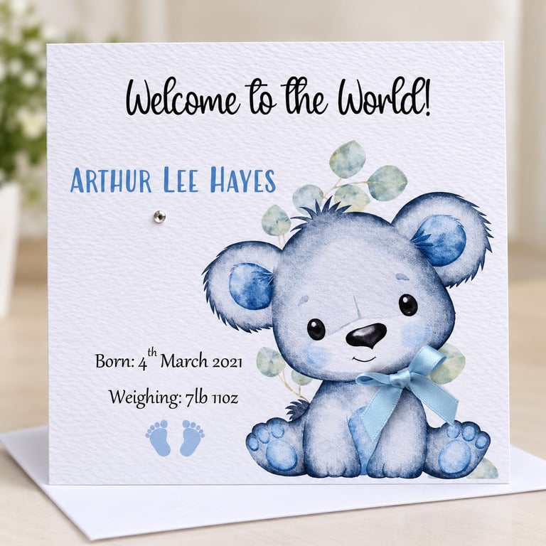 Personalised Baby Boy Welcome Card - Blue Teddy Bear New Baby Card