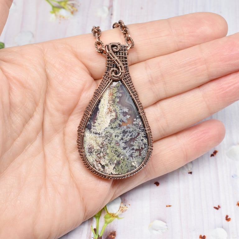 Indonesian Moss Agate and Copper Wire Woven One of a Kind Pendant