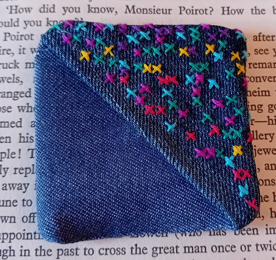 Bold & Bright Corner Bookmark – Upcycled Denim with Bright Stitches!