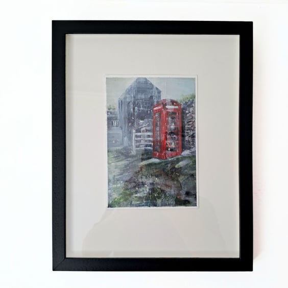 Framed  Original Painting K6 Phone Box Portwrinkle Cornwall Mixed Media