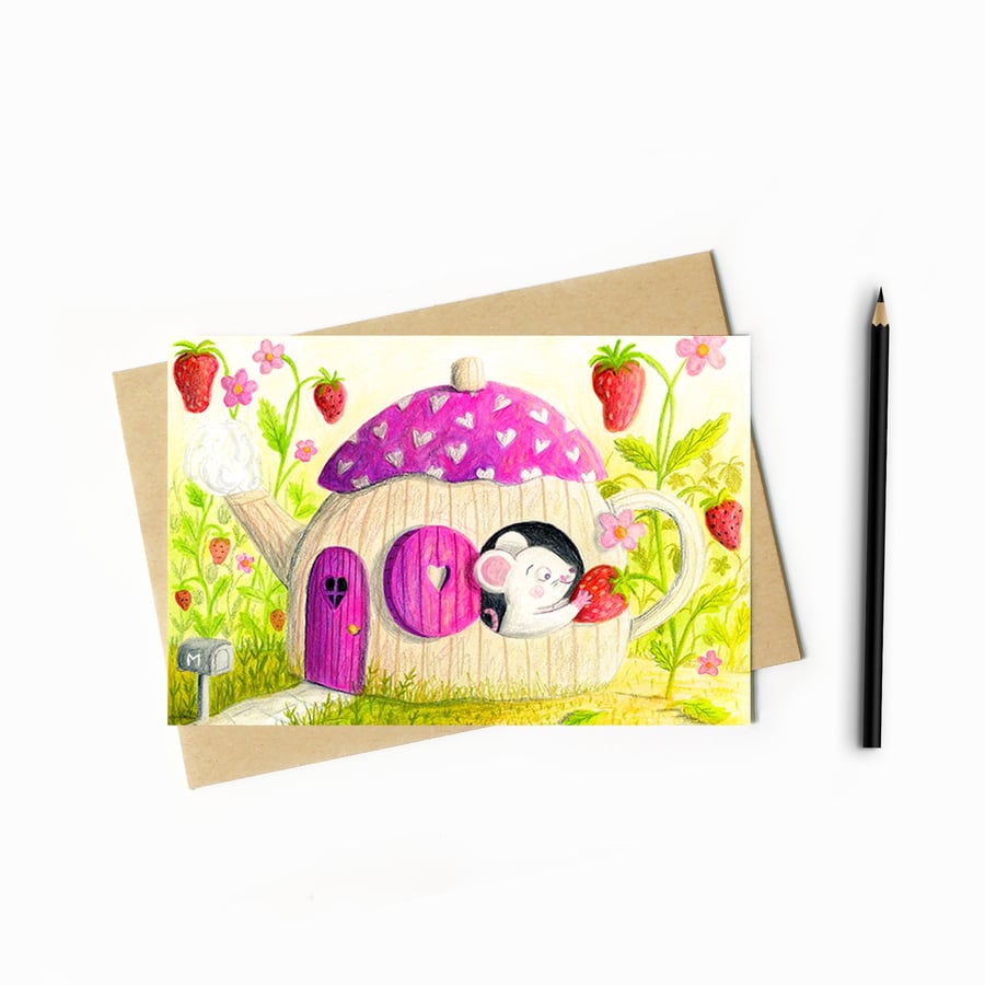 Teapot Mouse Card - Blank Card - Greeting Card