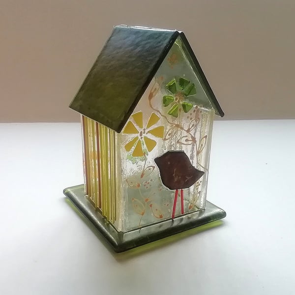 Fused Glass Birdhouse Tealight Holder: Hand-Painted Glass Art