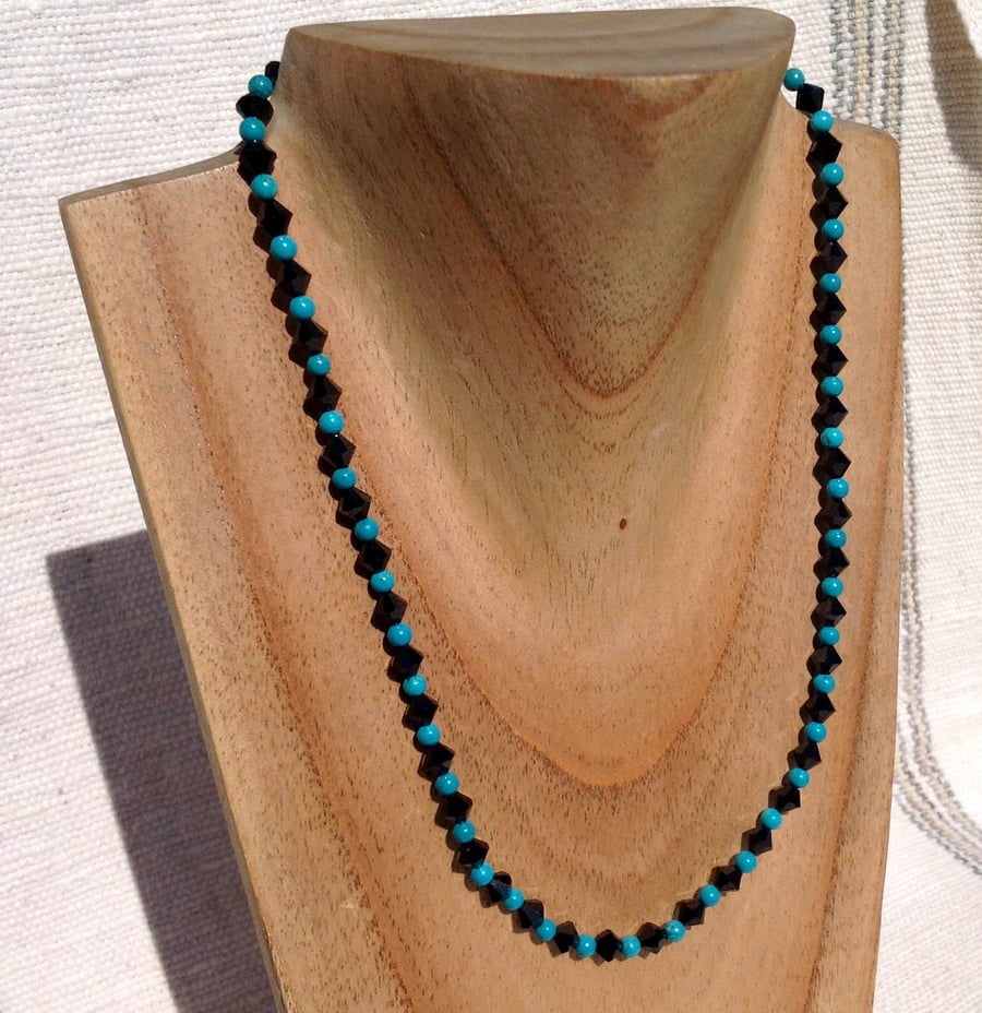 19" necklace with French jet and real turquoise beads