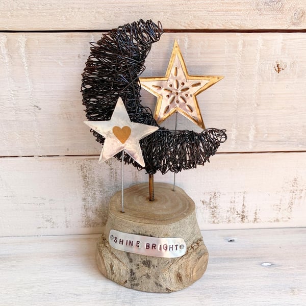 Moon and Stars Wire and Metal Sculpture on Wood 