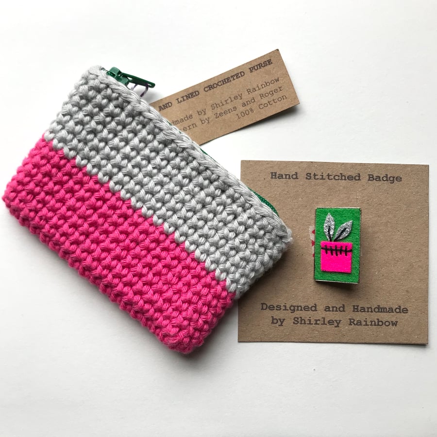 Crocheted Purse and Badge Gift Set- Pink, Green and Grey
