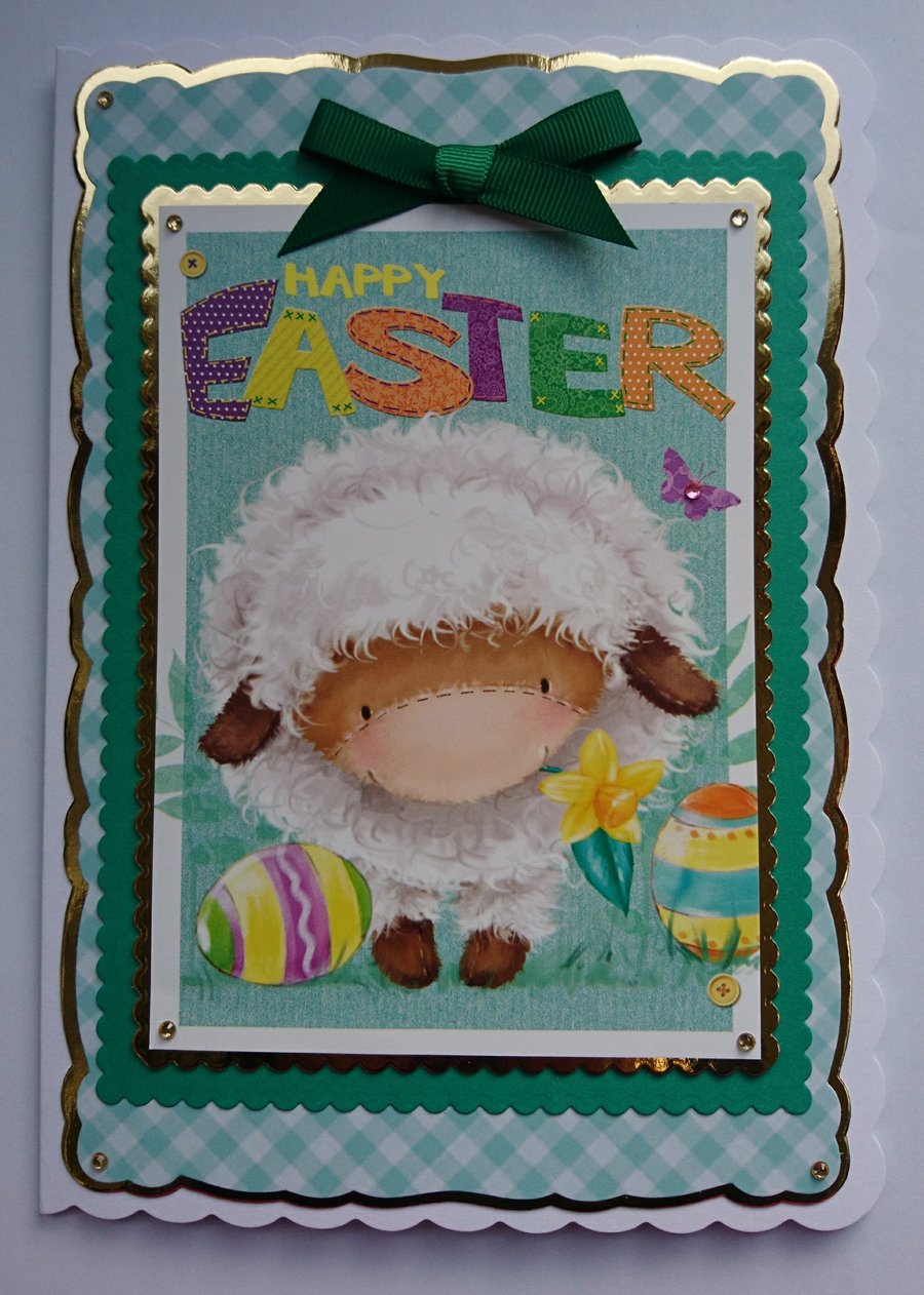 Easter Card Happy Easter Cute Woolly Lamb Daffodil and Easter Eggs