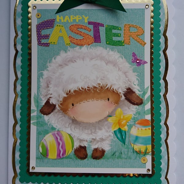 Easter Card Happy Easter Cute Woolly Lamb Daffodil and Easter Eggs