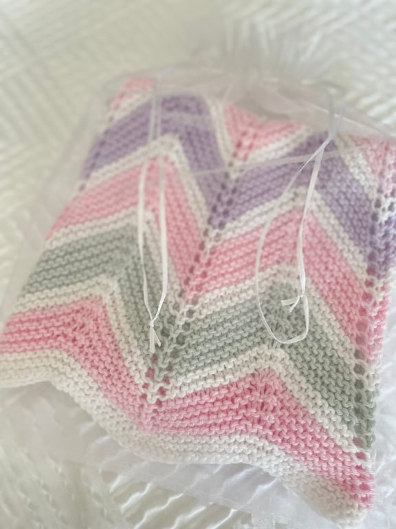 Pink, lilac, grey and white striped baby blanket in 100% cotton 