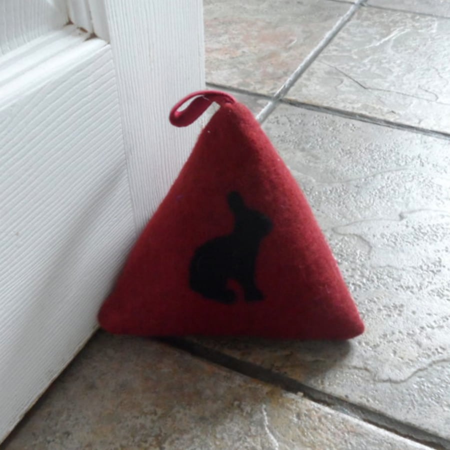 Doorstop, handmade burgundy felt with rabbit silhouette