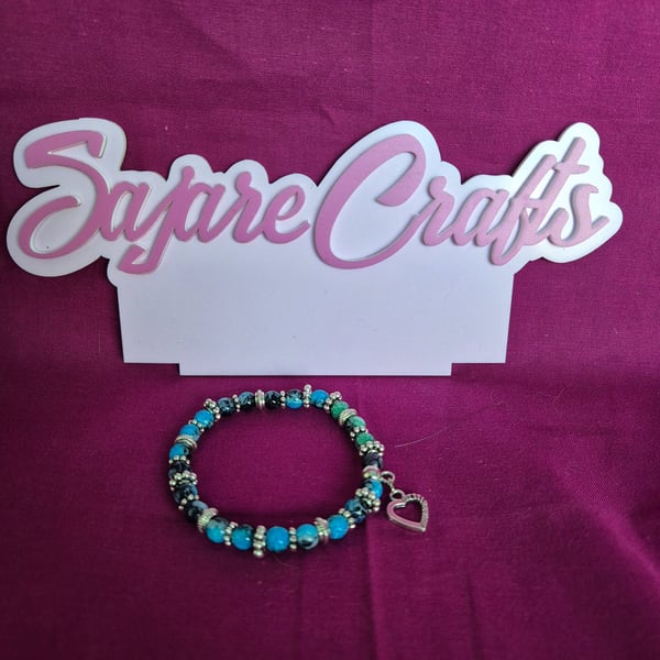 Marble Blue Green Beaded Bracelet with Silver Heart 