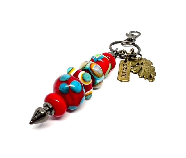 Handmade Lamp-work Glass Bead Bag Charm Keyring with added Charms