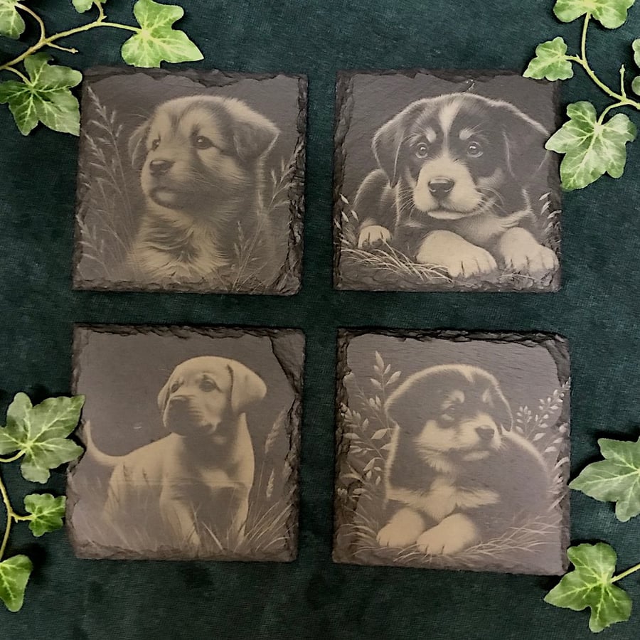 4 choices, Puppy coasters, laser engraved slate dog coasters