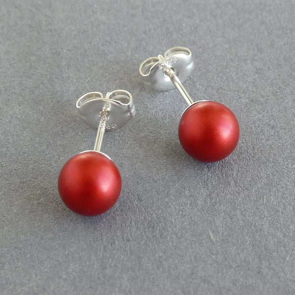 6mm Bright Red Glass Pearl Stud Earrings - Small Round Christmas Red Studs 
