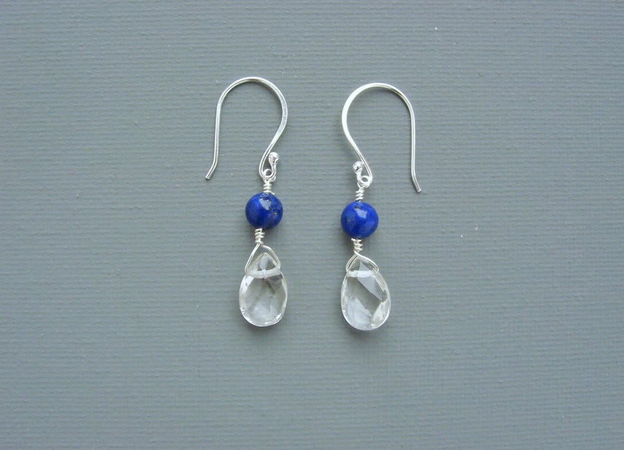 Raindrop Crystal Clear Quartz and Lapis Lazuli Sterling Silver Drop Earrings
