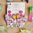 Funky Colourful Chicken Polymer Clay earrings