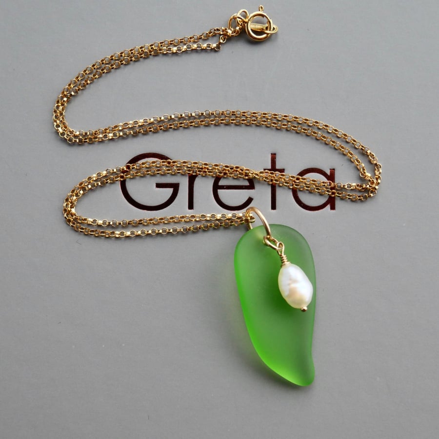 Image of Bright Green Sea Glass and Pearl Pendant - Fine 14k Gold Filled Chain 