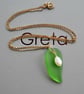 Bright Green Sea Glass and Pearl Pendant - Fine 14k Gold Filled Chain 