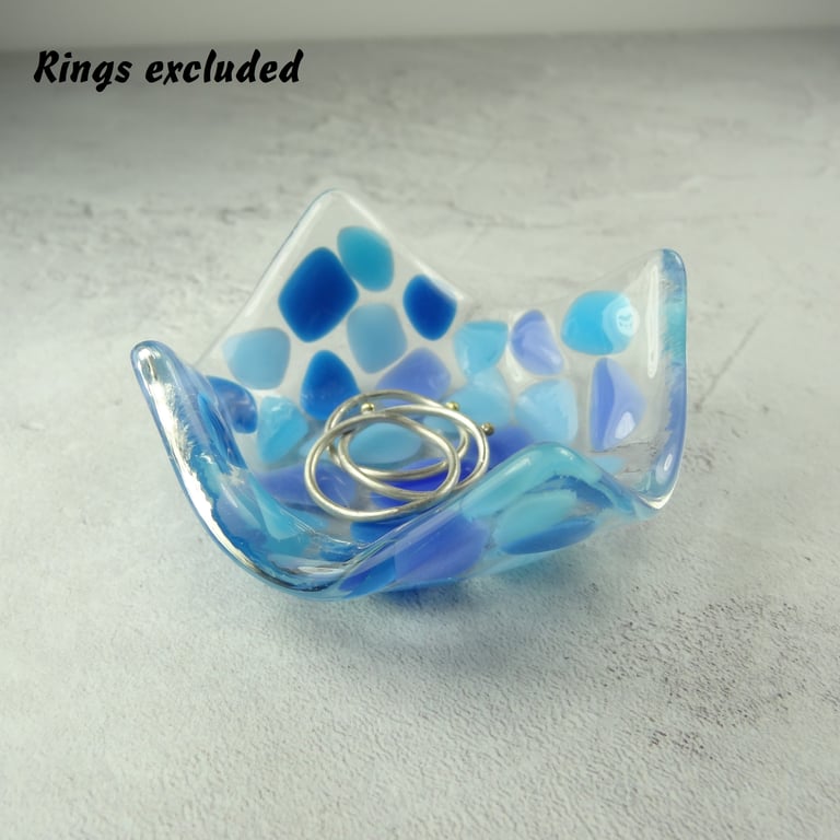 Blue mosaic fused glass trinket dish, rings, earrings, 6.5cm approx