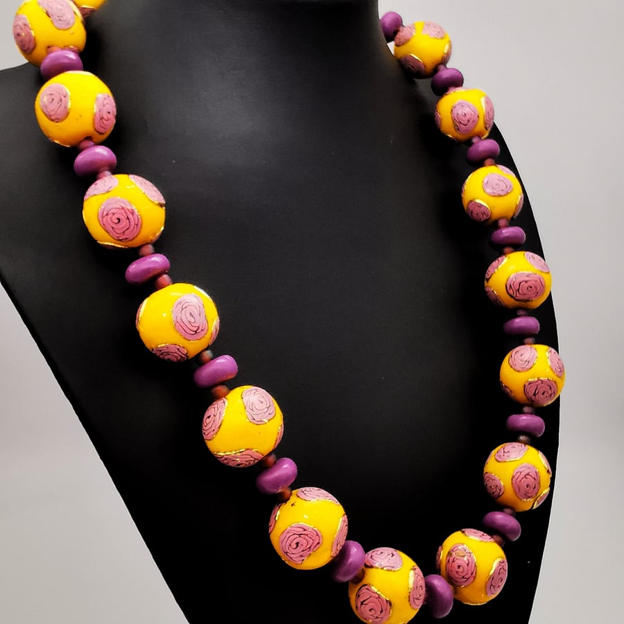 Unique chunky, handmade, beaded statement necklace with rose motive