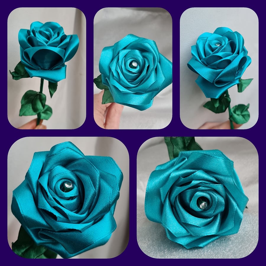 Gorgeous Handmade Turquoise Ribbon Rose - Long Stem Artificial Flower Gift