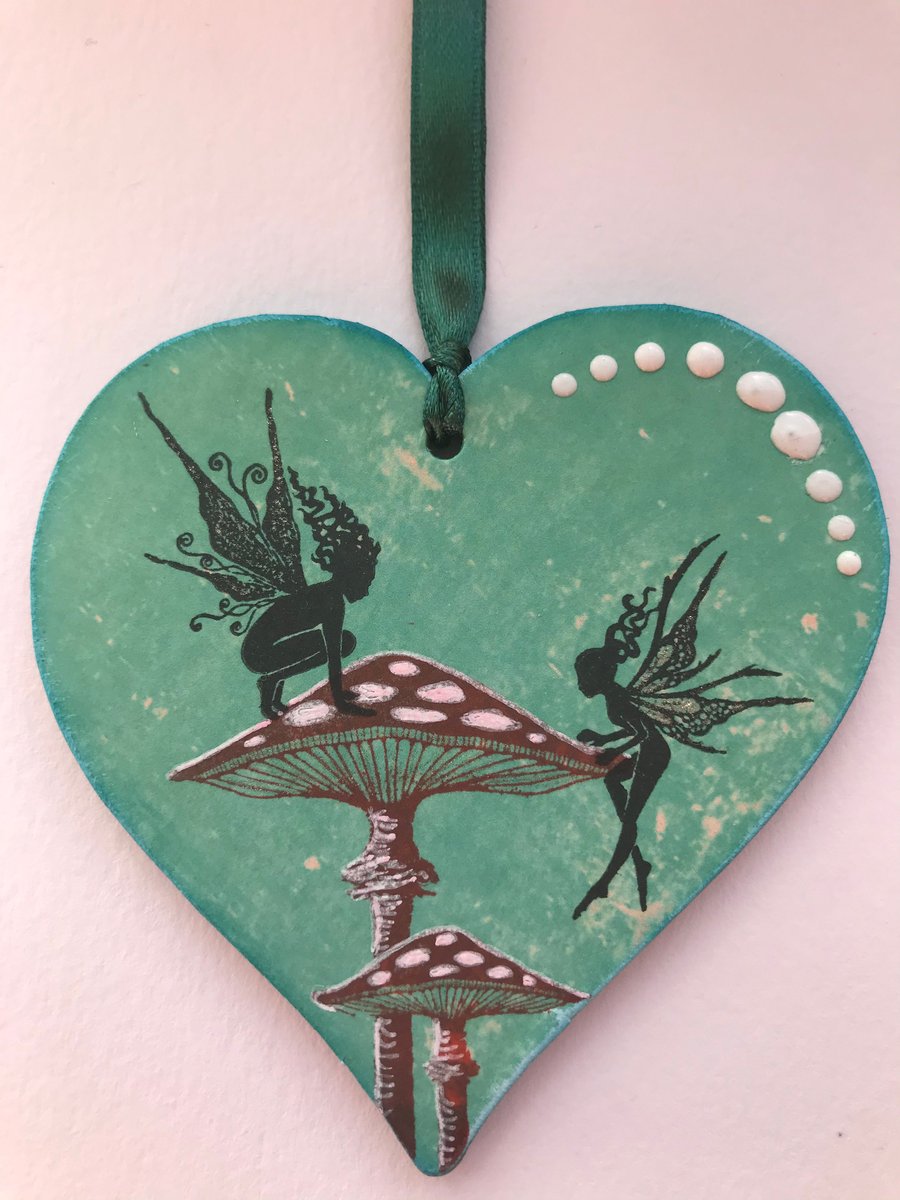 Hanging Wooden Heart - Mystical Fairies and Mushrooms