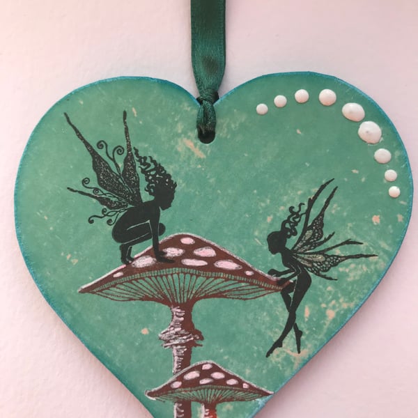 Hanging Wooden Heart - Mystical Fairies and Mushrooms