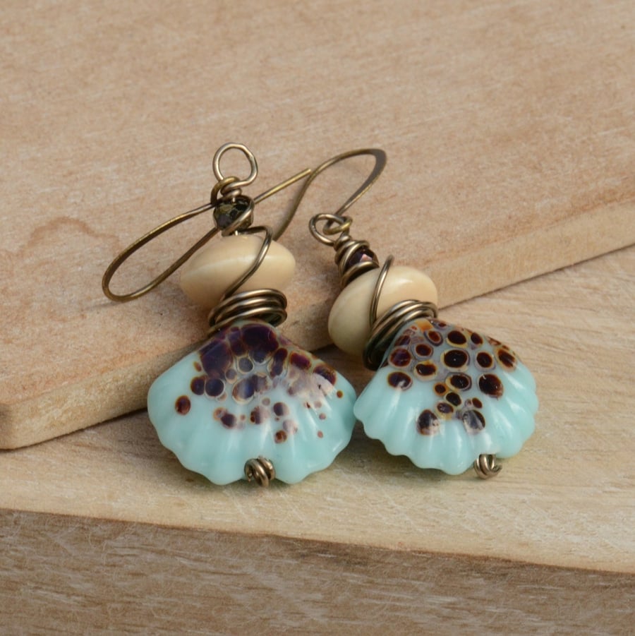 Blue Lampwork Shell Bead Earrings with Ceramic & Czech Beads