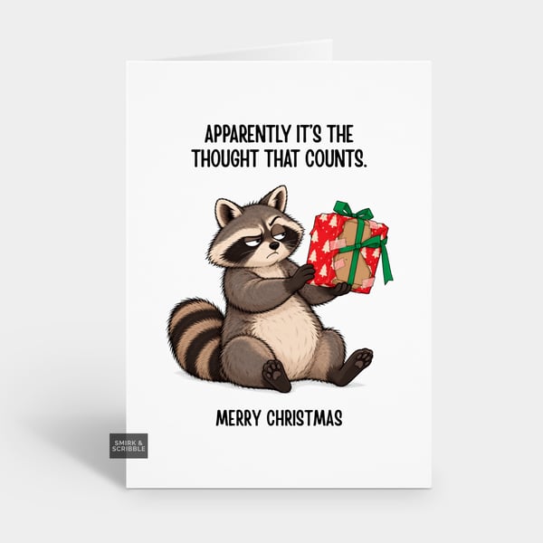 Funny Christmas Card For Him Or Her - Raccoon & Gift