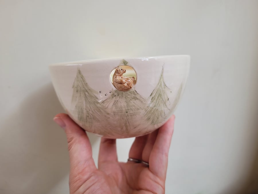 Ceramic brown bear and bowl with hand painted green trees, stripes & pawprints