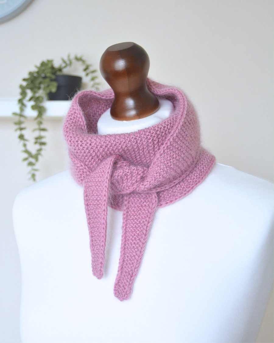 Knitted Scarf Small Triangle Scarflette Harmony Scarf Merino Silk Dusky Pink