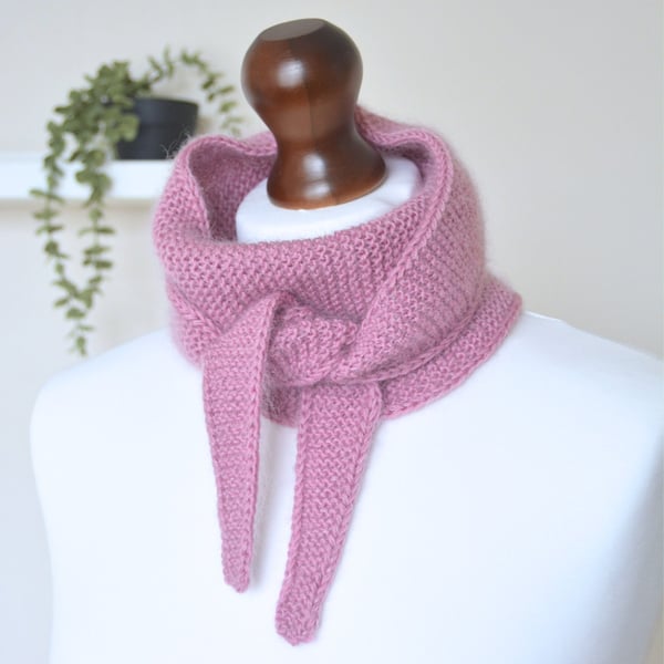 Knitted Scarf Small Triangle Scarflette Harmony Scarf Merino Silk Dusky Pink