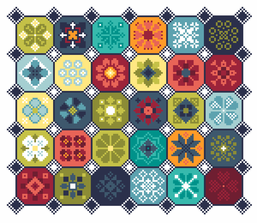 098 Cross Stitch Quaker Sampler, Octagon tiled patchwork Flowers 