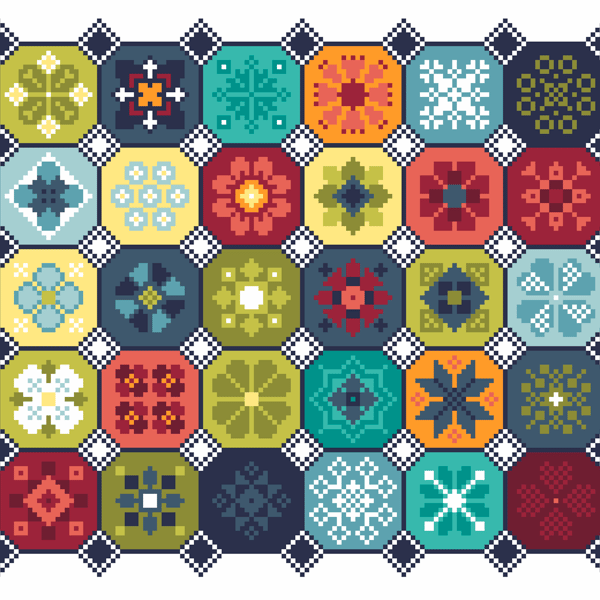 098 Cross Stitch Quaker Sampler, Octagon tiled patchwork Flowers 