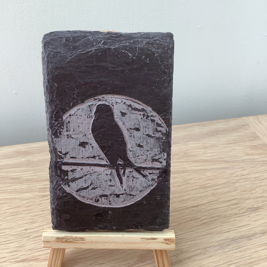 One bird by the moon - original art hand carved on slate