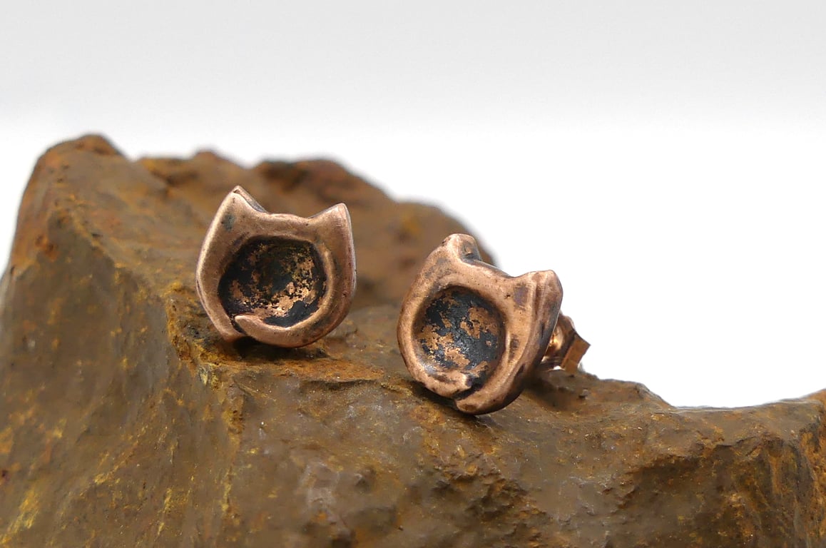 Recycled Copper Cat Head Stud Earrings.