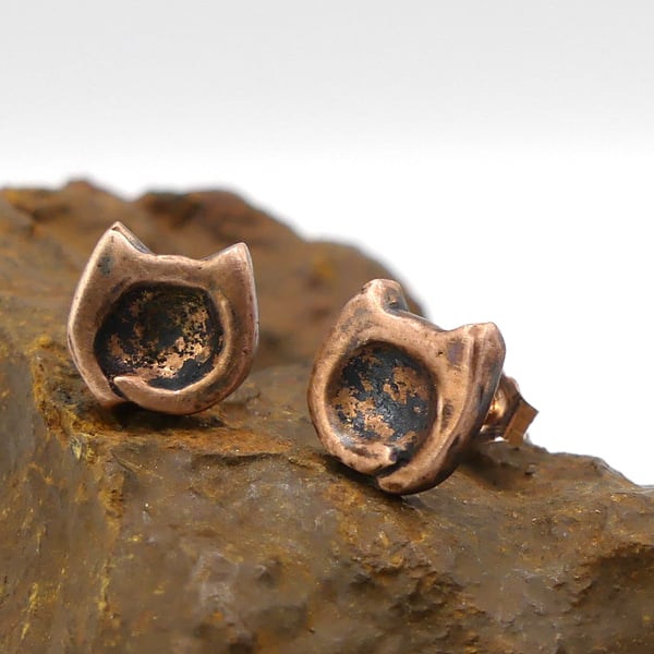 Recycled Copper Cat Head Stud Earrings.