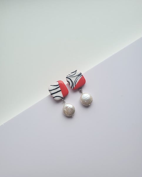 Handmade Polymer Clay Earrings - Coral Swirls with Pearl Drops