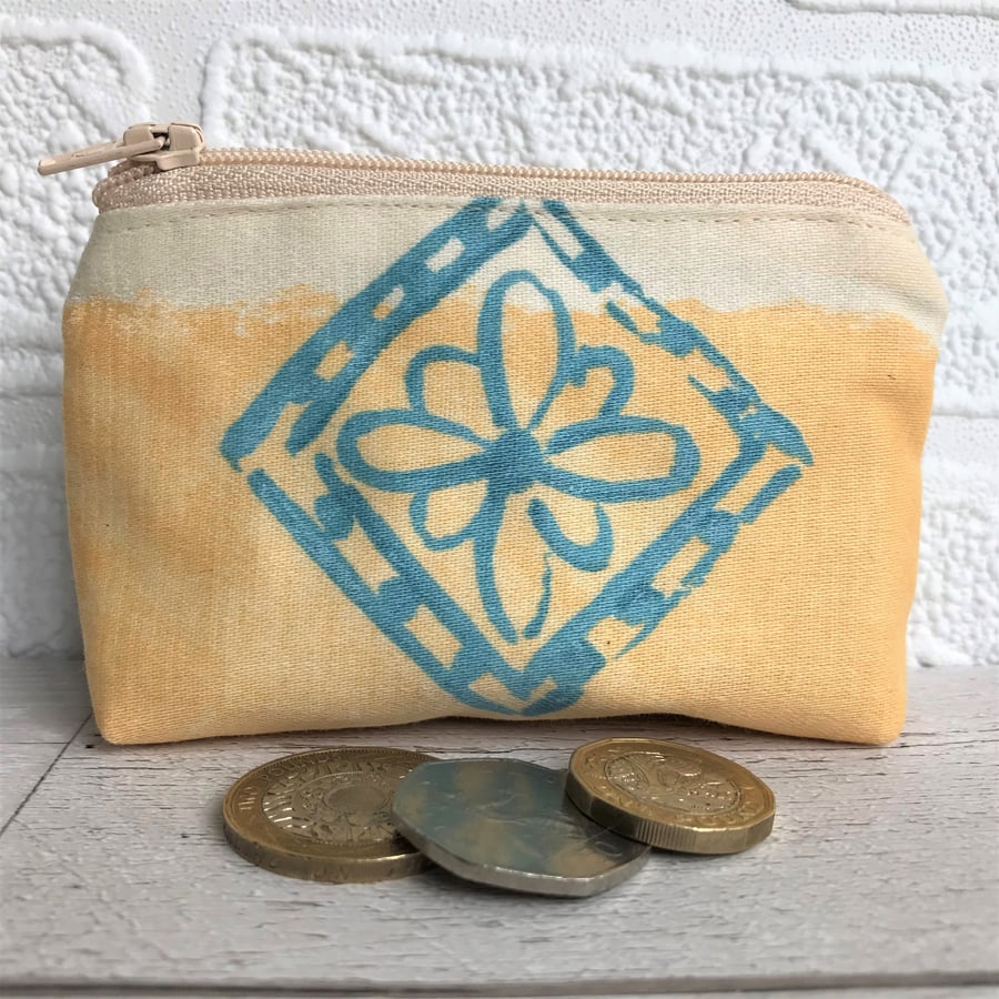 SALE, Small purse, coin purse in golden yellow with turquoise flower