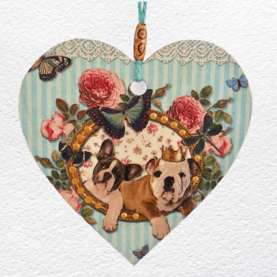 Decoupaged Wooden Hanging Heart 15cm (6") Bulldogs design