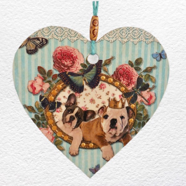 Decoupaged Wooden Hanging Heart 15cm (6") Bulldogs design