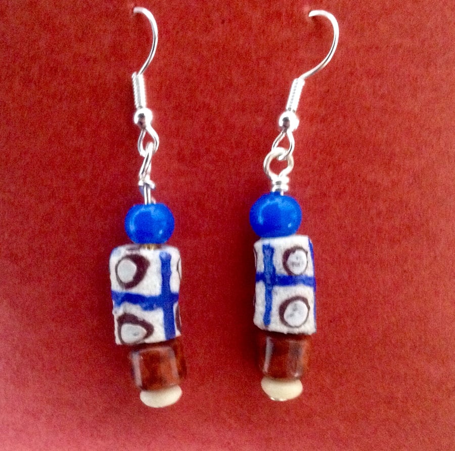 Blue, white and red earrings with African beads